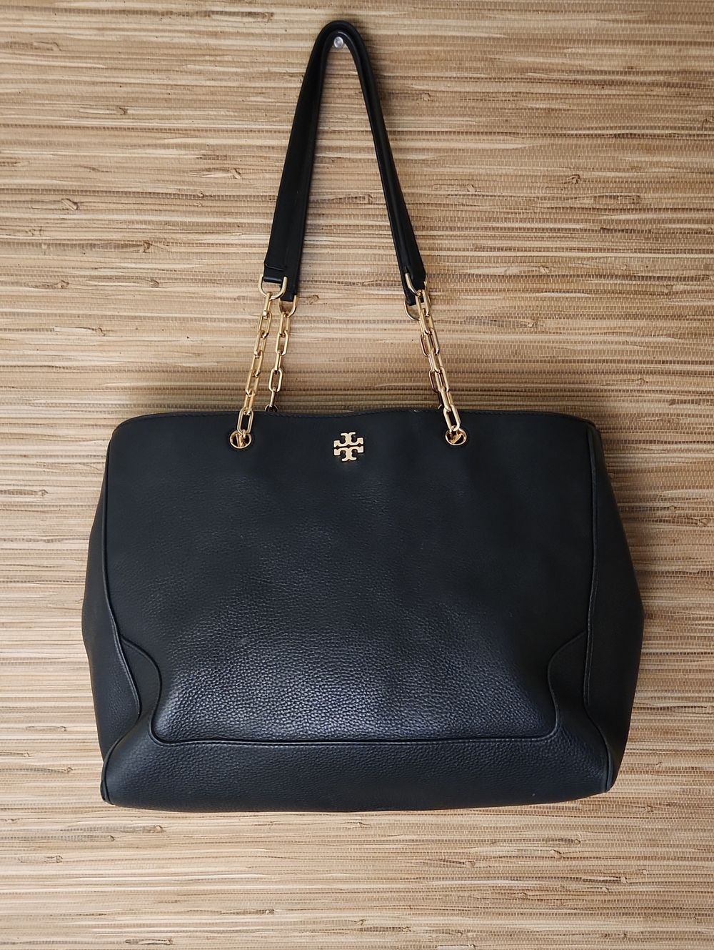 Tory Burch Madison Pebbled Black Leather Tote with Gold Chain Straps
